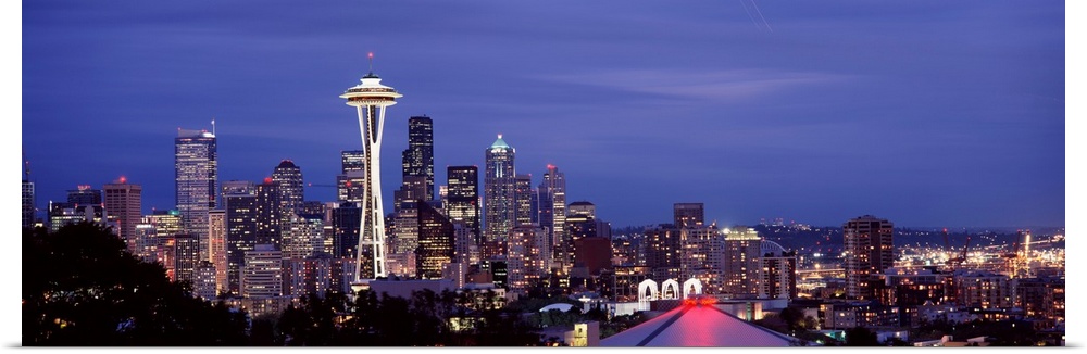 Large panoramic photograph of downtown Seattle, Washington (WA). The Space Needle and many skyscrapers are visible.