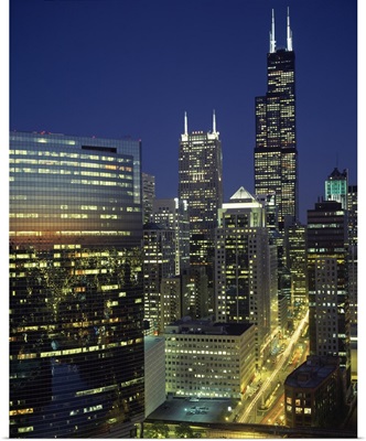 Skyscrapers lit up at night, Sears Tower, Wacker Drive, Chicago, Cook County, Illinois,
