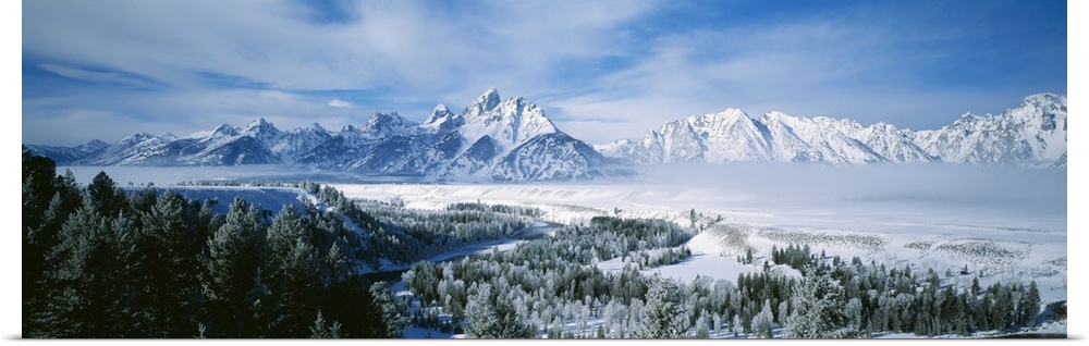 This is a panoramic photograph of the snowscape surrounding these Montana mountain peaks in winter.