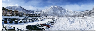 Snow covered cars in a parking lot Squaw Valley Ski Resort Lake Tahoe Olympic Valley Placer County California