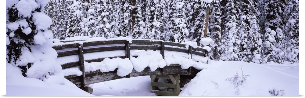 Long horizontal photo on canvas of a heavily snow covered bridge in the middle of a forest.
