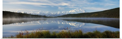 Snow-covered Mount McKinley and Alaska Range, reflection in Wonder Lake, Alaska