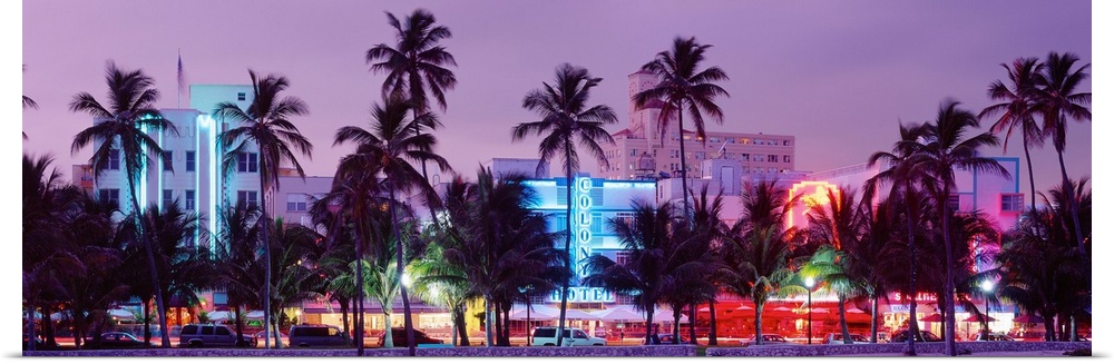 View from the shore of Ocean Driveos art deco neon signs and palm trees.