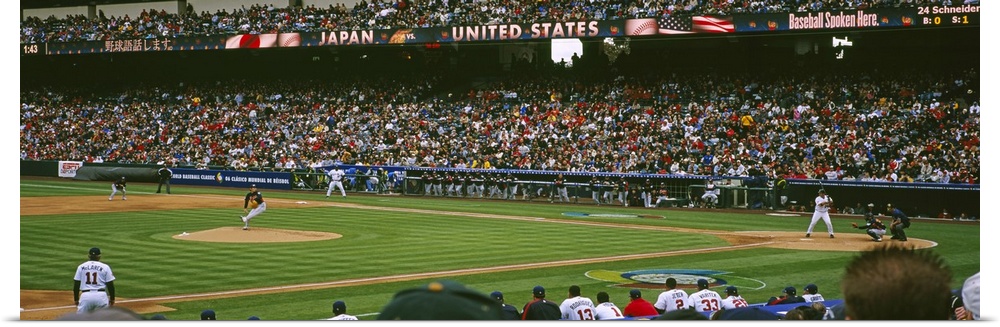 Spectators watching baseball game in a baseball stadium, Japan vs. United States, World Baseball Classic, Angel Stadium, A...