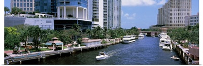 Speedboat and yachts in a canal, Fort Lauderdale, Broward County, Florida