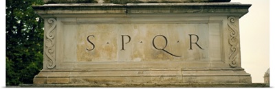 SPQR Text carved on the stone, Piazza Del Campidoglio, Palazzo Senatorio, Rome, Italy