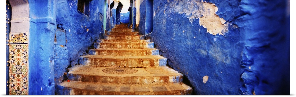 Staircases of the medina are all painted blue, Chefchaouen, Morocco