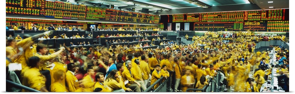 Hundreds of people at the stock exchange in Chicago are photographed inside during trade time.