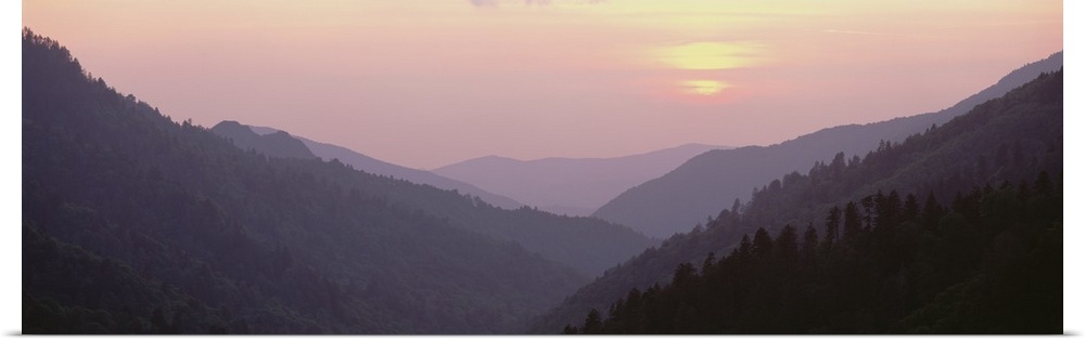 Panorama of a sunset over the Smoky Mountain National Park in North Carolina.
