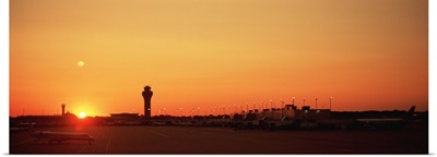 Sunset over an airport, O'Hare International Airport, Chicago, Illinois