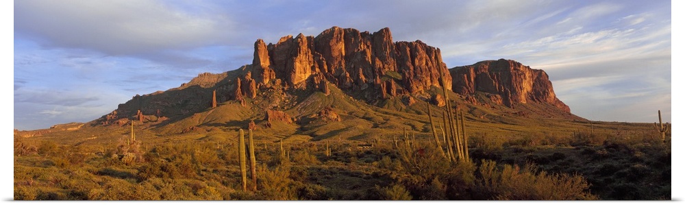 An immense rock formation is photographed from a distance with green land in front of it that is filled with brush and cacti.