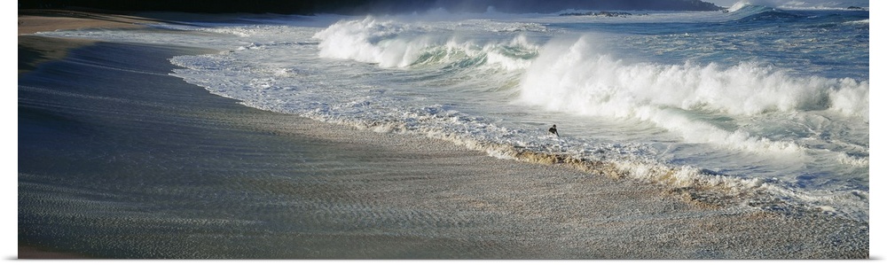 A figure with a surfboard is dwarfed by the gigantic waves on the Hawaiian coastline in the early morning.