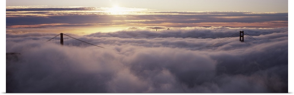 Panoramic photo of the tops of the Golden Gate Bridge peeking through the dense fog.