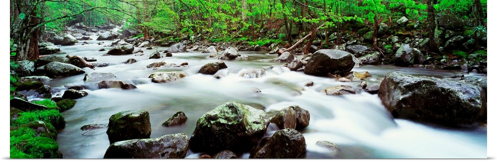 Time lapsed photograph of a water running through a rock filled steam in the woods in this panoramic photograph.