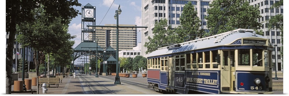 Tennessee, Memphis, Court Square, View of a tram trolley on a city street