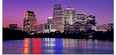 Texas, Austin, View of an urban skyline at night