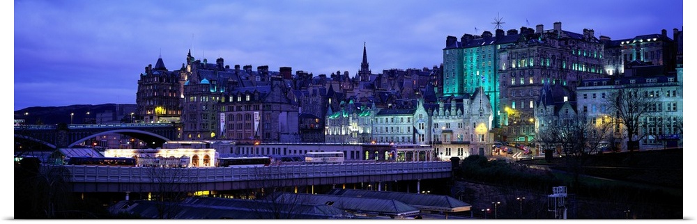 Panoramic picture taken of an illuminated Scotland town.