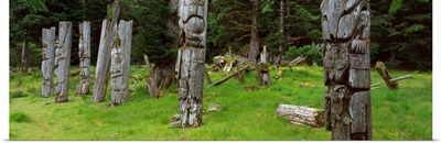 Totem Poles in a forest, SGaang Gwaii, British Columbia, Canada