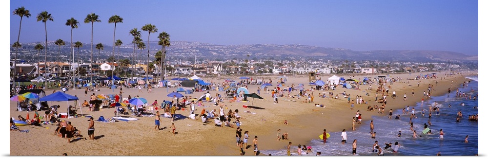 Panoramic photograph of Newport Beach in California, crowded with people, palm trees and the city in the background, benea...