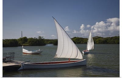 Traditional pirogue boats in the sea, Blue Bay, Mauritius