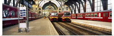 Trains at a railroad station, The Railway Station Of Antwerp, Antwerp, Belgium