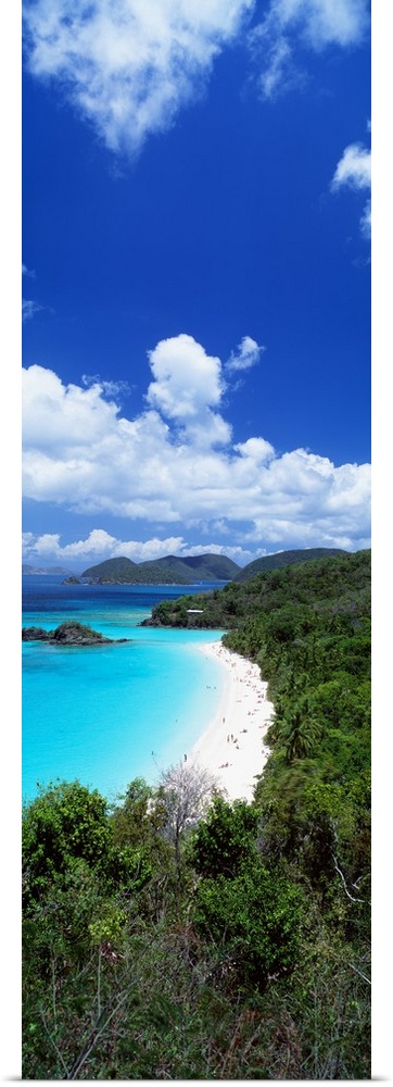 Vertical panoramic picture of the lush tree lined white sand beaches and the turquoise blue waters of Trunk Bay.