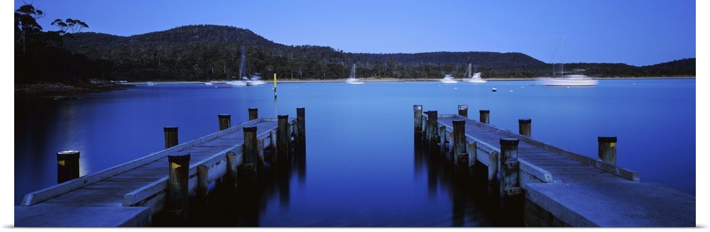 Twin jetty in the sea, Coles Bay, Tasmania, Australia