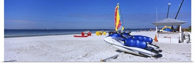 Two jet boats and a windsurfing board on the beach, Fort Myers Beach, Bowditch Point Regional Park, Gulf Of Mexico, Florida