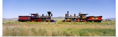Two steam engines on a railroad track, Jupiter and 119, Golden Spike National Historic Site, Utah