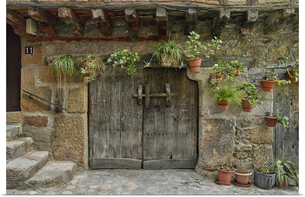 Typical traditional wooden front door, San Martin de Trevejo, Caceres, Caceres Province, Spain.