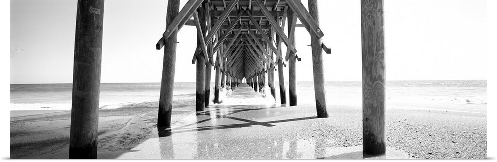 Horizontal, huge, black and white panoramic photograph taken under a wooden pier, looking out toward the ocean, in North C...