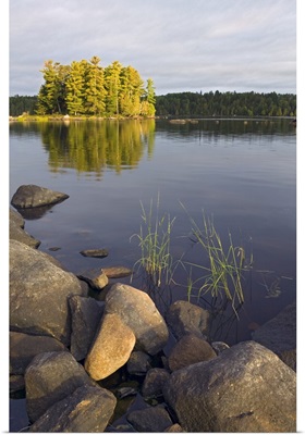 View of small island from rocky shore, Lake Agnes, Boundary Waters Canoe Area Wilderness, Minnesota