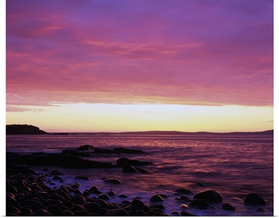 View of sunrise over Mount Desert Island, Acadia National Park, Maine