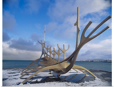 Viking ship sculpture at the coast, Gullfoss Falls, Vesturland, Iceland