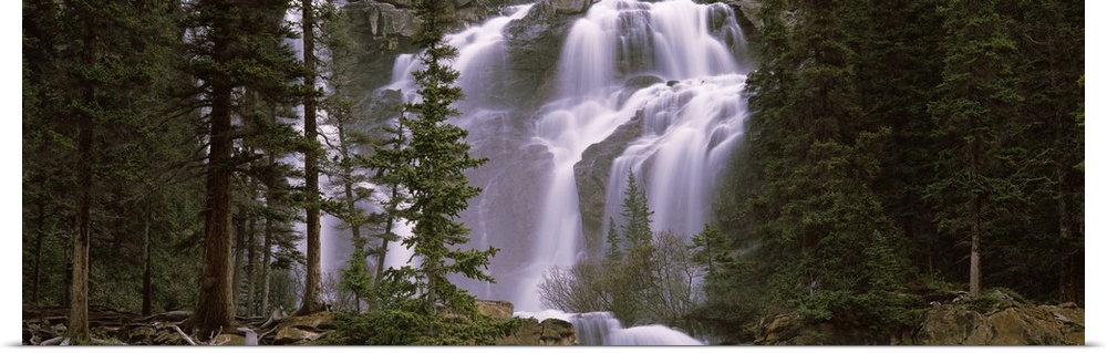 Panoramic photograph shows water furiously cascading down various steep rock faces within a dense woodland in North America.
