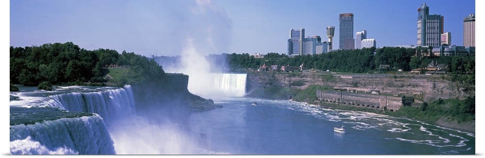 Panoramic photograph of the three waterfalls that straddle the international border between Canada and the United States w...