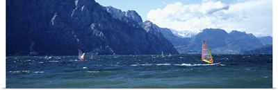 Windsurfing on a lake, Lake Garda, Italy