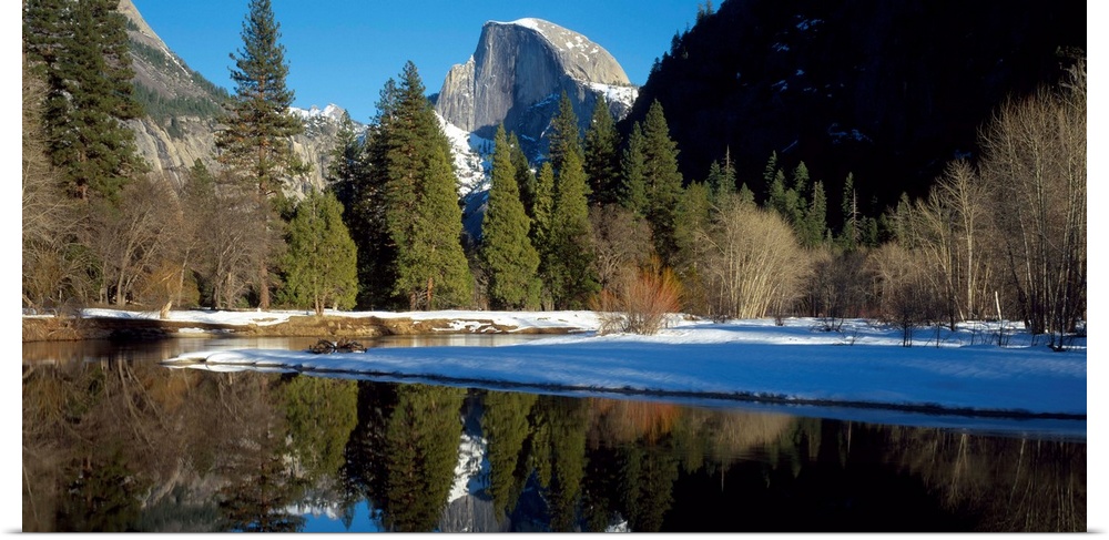 This picture is taken of Yosemite during winter with trees lining the water and a view of a mountain in the background.