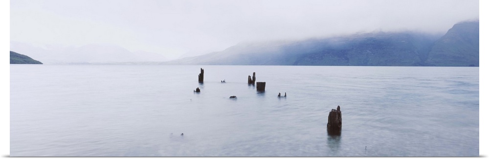 Wooden post in a lake, Lake Wakatipu, Queenstown, Otago Region, South Island, New Zealand