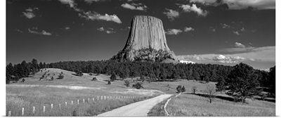 Wyoming, Devils Tower National Monument, Low angle view of a natural rock formation (Black And White)