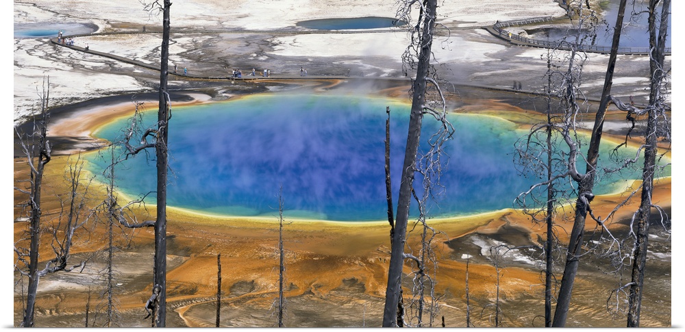 Wyoming, Yellowstone National Park, Grand Prismatic Pool, Tourists walking around the thermal pool