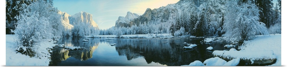 Giant, panoramic photograph of calm waters surrounded by snow covered trees and mountains in Yosemite National Park, Calif...