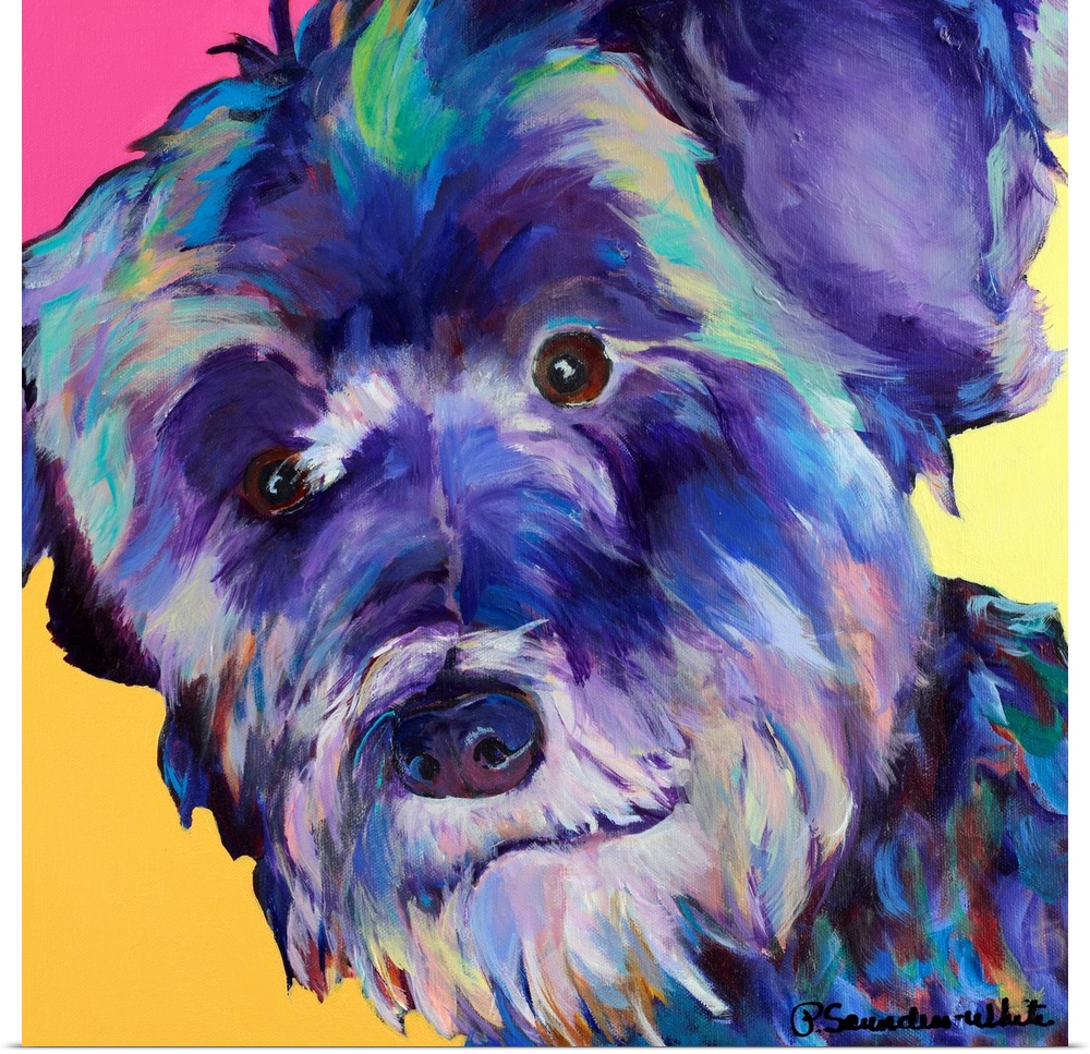 Abstract painting of the up close face of a dog.