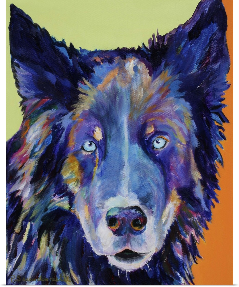 Contemporary artwork of a dog with pointed ears and dark fur.