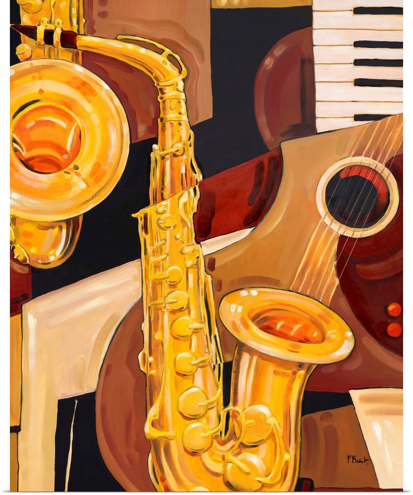 Abstracted painting of a saxophone and other musical instrument elements, done in neutral tones.
