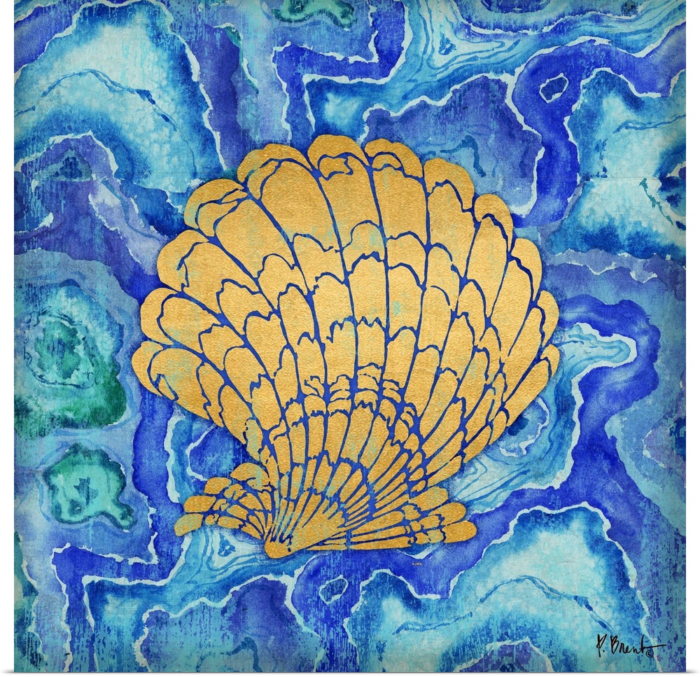 Square decor with a metallic gold seashell on a blue, green, and purple agate patterned background.
