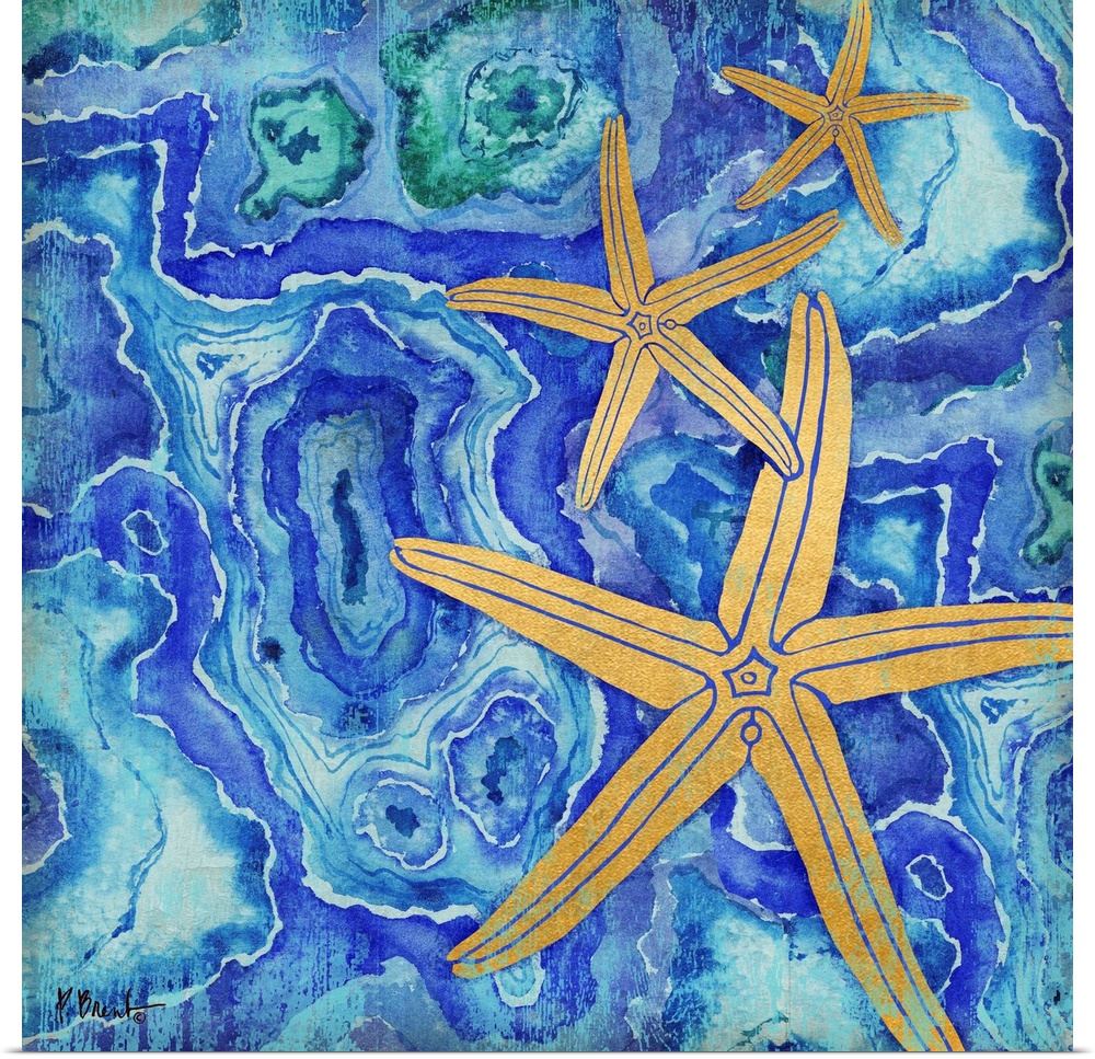 Square decor with metallic gold starfish on a blue, green, and purple agate patterned background.