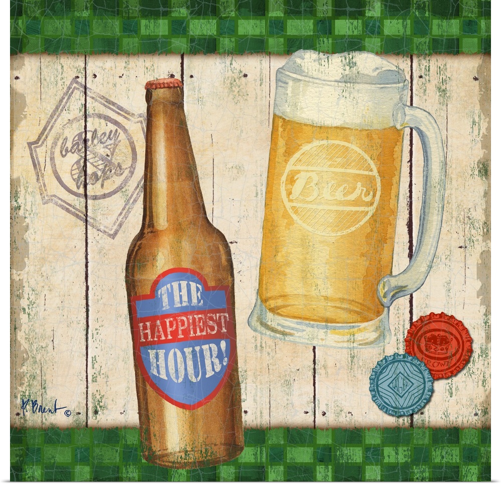 Decorative artwork featuring a pint and a bottle of beer with bottlecaps.