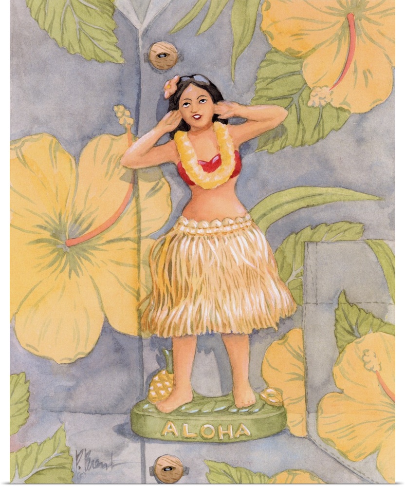 Painting from a series of hula girl figurines on a Hawaiian shirt background.