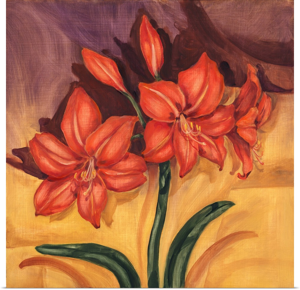Contemporary painting of a group of amaryllis flowers.